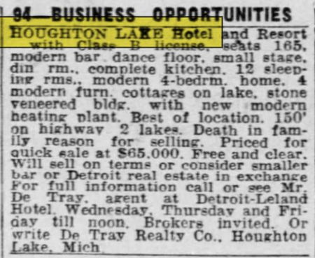 Houghton Lake Hotel (Houghton Lake Tavern, Heards Hotel) - Aug 1950 For Sale (newer photo)